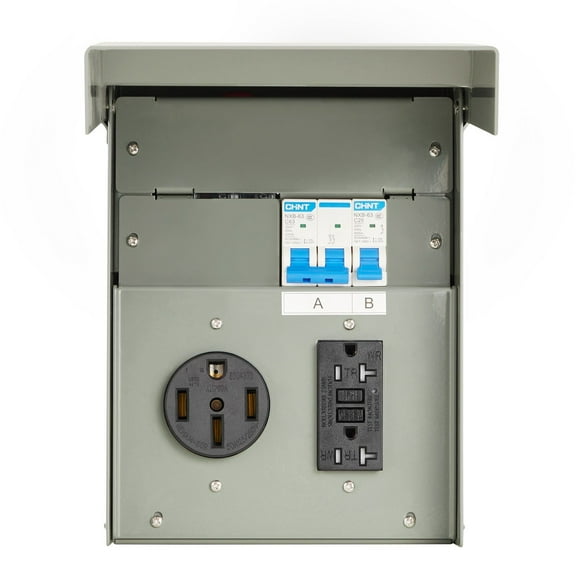 VEVOR Temporary Power Outlet Panel, 20 50 Amp, RV EV Electrical Outlet Panel with NEMA 50 Amp GFCI 20 Amp Receptacle Installed, Pre-Wired IP54 Weather