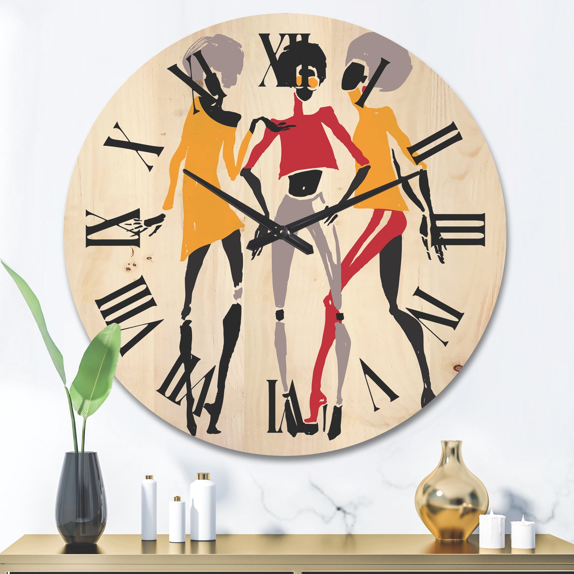 Designart 'African American Women Silhouettes Red and Yellow II' Modern Wood Wall Clock