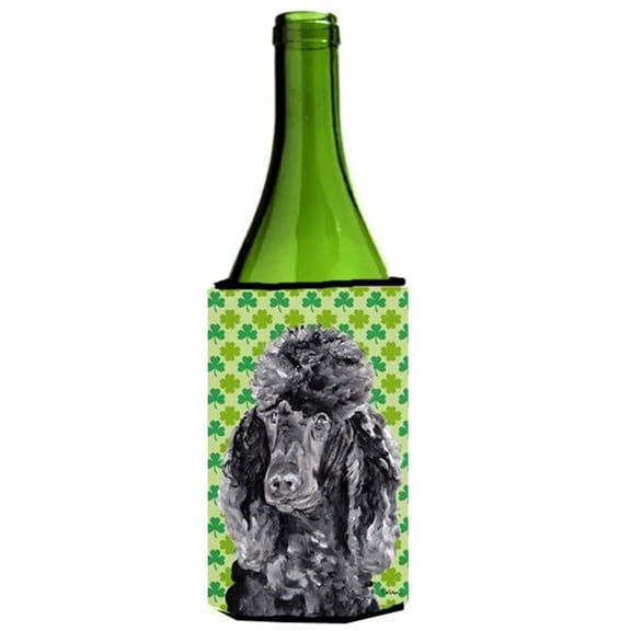 Black Standard Poodle Lucky Shamrock St. Patricks Day Wine bottle sleeve Hugger  24 Oz.