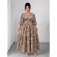 thumbnail image 6 of Coffee Brown Floral Print V-Neck Maxi Dress With Tiered Skirt, Side Slit And 3/4 Sleeves For Women, 6 of 7