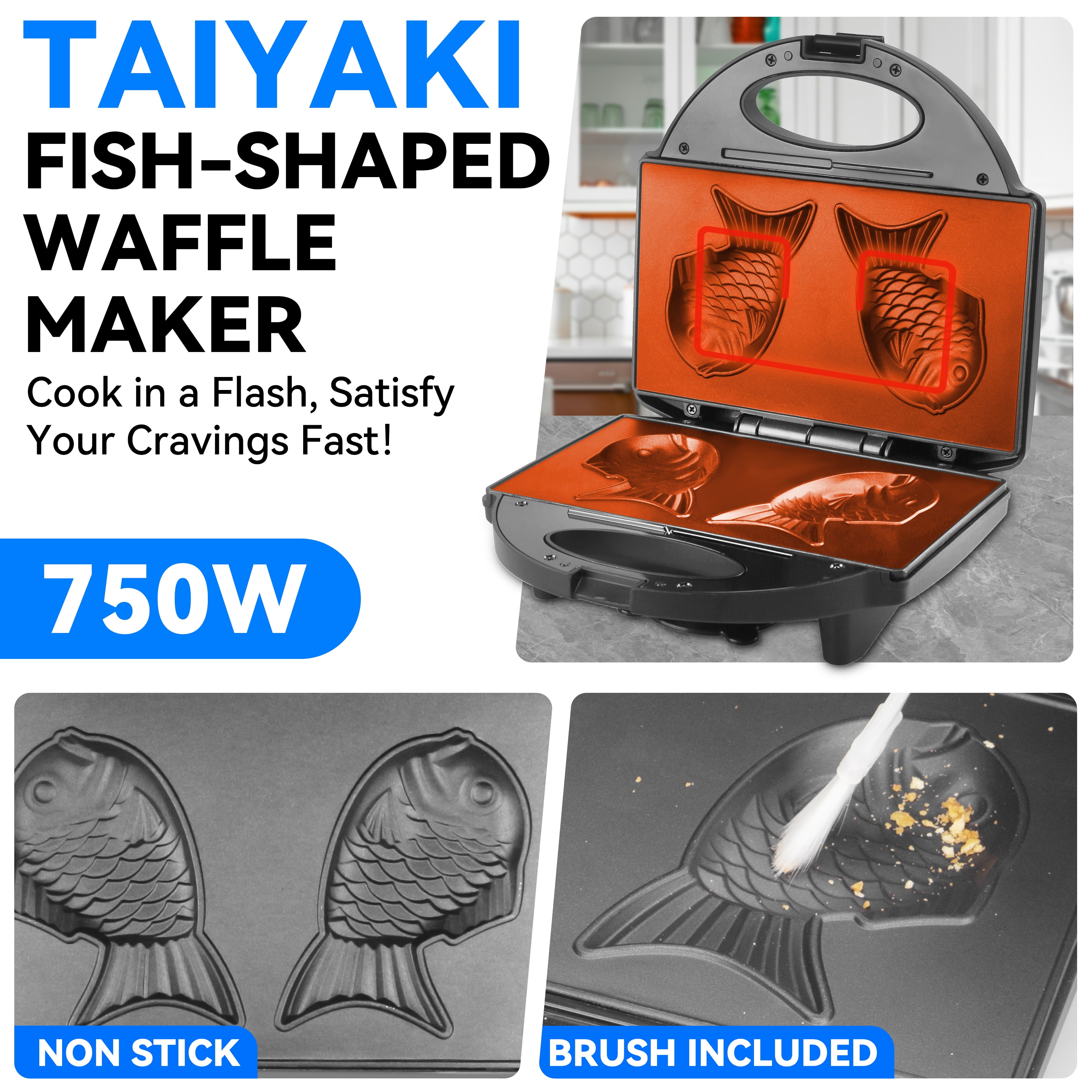 Mailand Taiyaki Fish Waffle Maker Machine,  Electric Taiyaki Maker,   Small Waffle Maker for Kids & Family, 2 Per Batch Fish-shaped Taiyaki, Non-stick Surface
