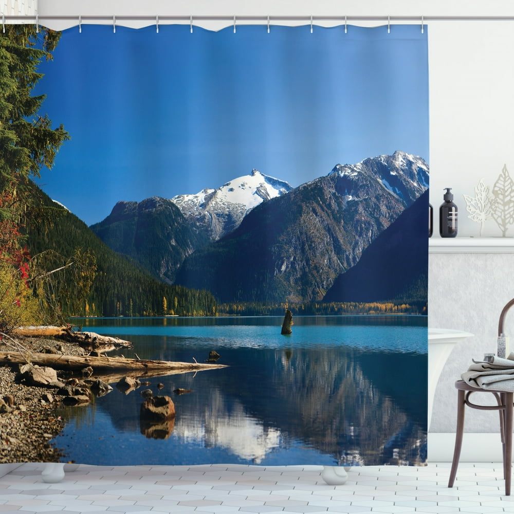 Landscape Shower Curtain, Mountain Countryside Winter Time Lake Mountain Forest View Photo