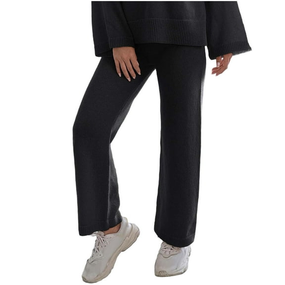cfhntfmh Womens Ribbed Knit Lounge Pants Casual Elastic High Waist Loose Wide Leg Pants Fall Comfy Pj Bottoms Pajama Pants（Black,X-Large)