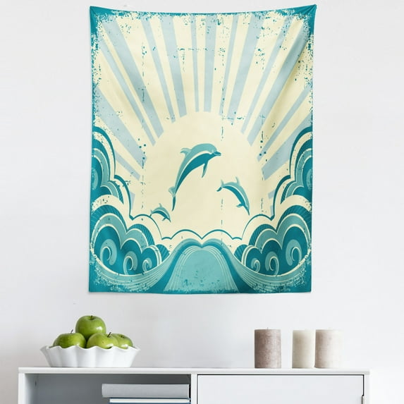 Dolphin Tapestry, Nautical Inspirations in Dolphins with Rising Sun and Swirled Ocean Waves, Fabric Wall Hanging Decor for Bedroom Living Room Dorm, 5 Sizes, Teal Pale Yellow, by Ambesonne
