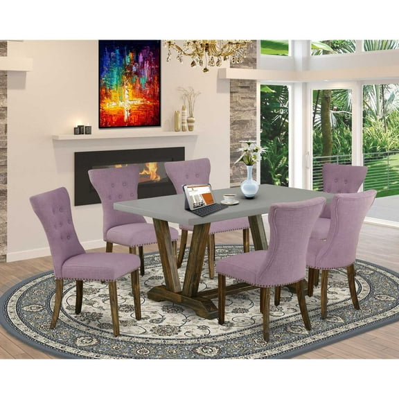 East West Furniture V796GA740-7 7 Piece Modern Dining Table Set Consist of a Rectangle Wooden Table with V-Legs and 6 Dahlia Linen Fabric Upholstered Chairs, 36x60 Inch, Multi-Color