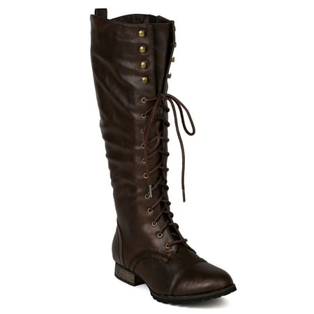Women Leatherette Military Combat Lace Up Knee High Boot