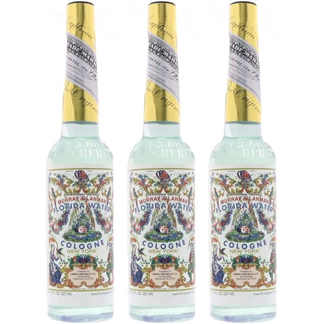 Florida Water Cologne 7.5 Oz - Three (3) Plastic Bottles. A set of three plastic bottles of Florida Water cologne, each featuring the original formula since 1808 with a light floral scent and lemon overtones. The bottles display vibrant, decorative labels with floral and artistic designs, and gold foil accents on the neck. Suitable for use on the body, in baths, around the home, or in ceremonial rituals. Each bottle contains 7.5 ounces (221 ml) of cologne.