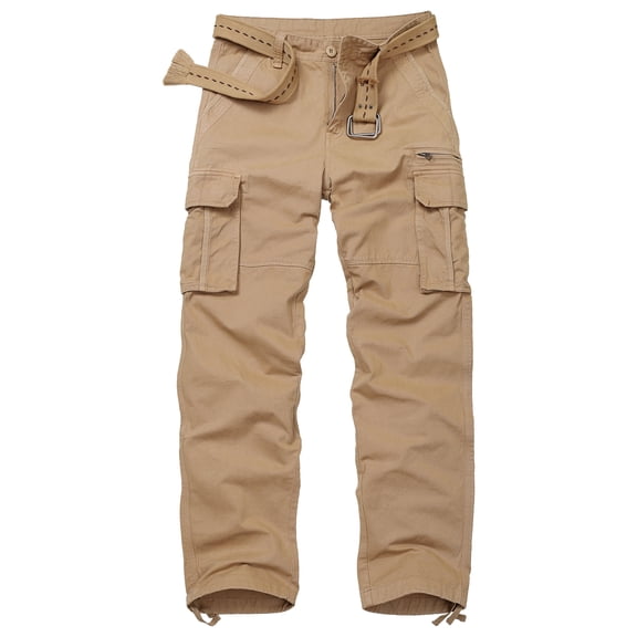TRGPSG Cotton Comfort Cargo Pants For Men With 7 Pockets,Casual Relaxed Fit Work Pants(No Belts)Khaki,Size 34