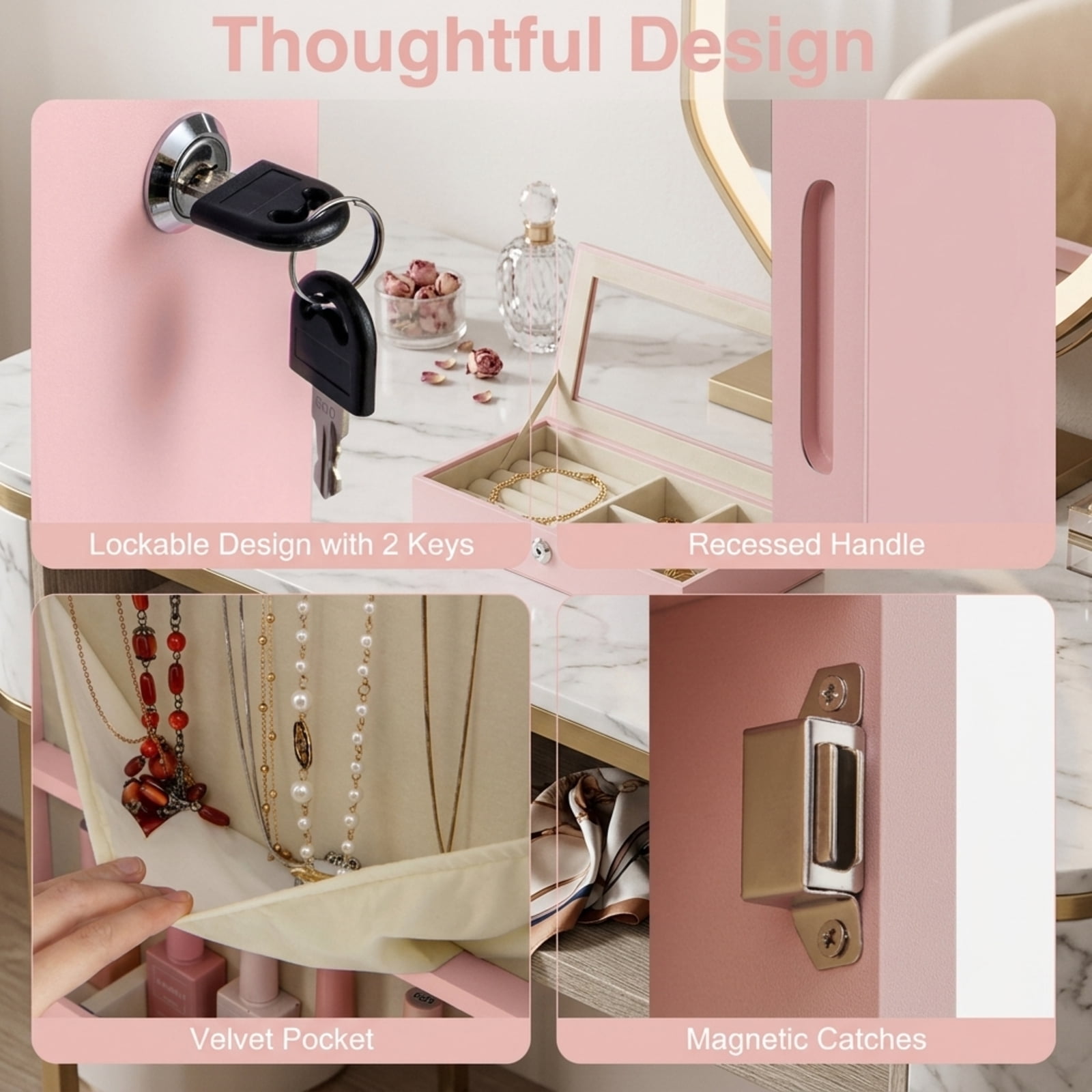 Furnibear Wall and Door Mounted Mirrored Jewelry Cabinet with Lights for Bedroom Dressing Room Jewelry Necklace Rings Storage Mirror, Pink
