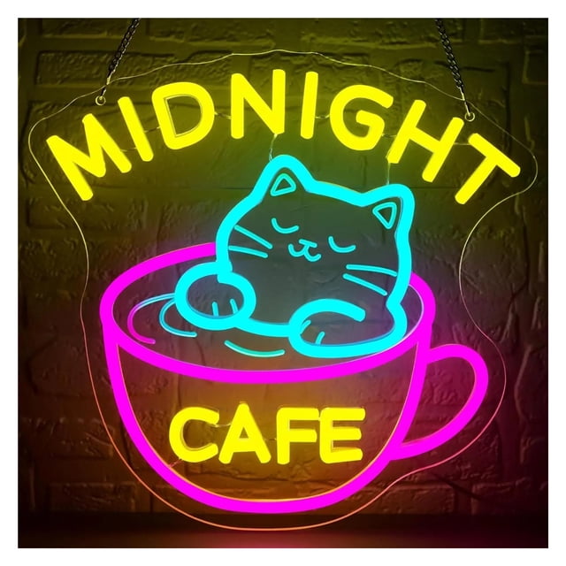 Letrero De Neón "Midnight Cafe" Con Diseño De Gato, Regulable, Ideal Para Decorar Paredes De Cafeterías, Bares, Tiendas Y Restaurantes 36x35cm