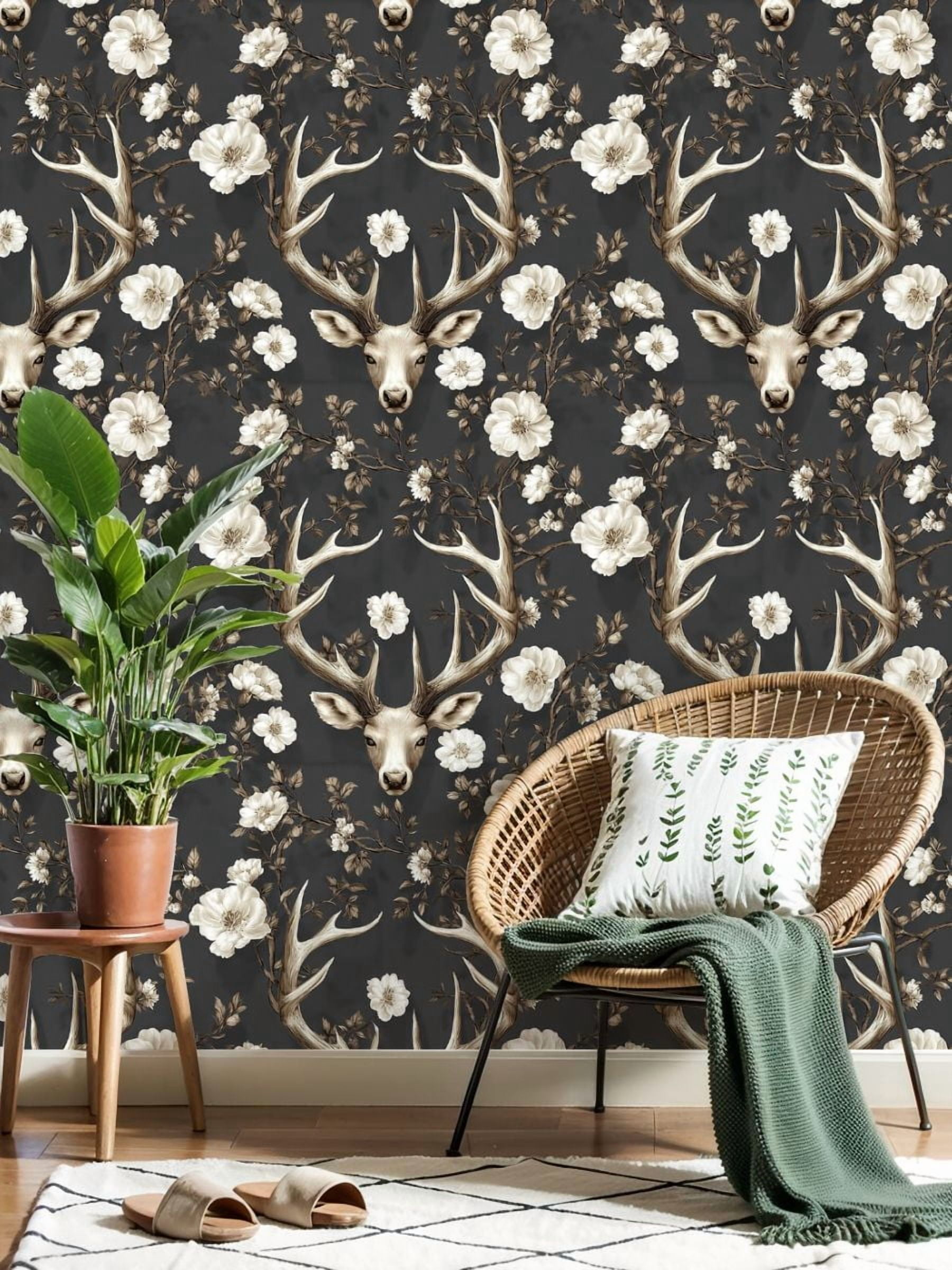 Peel and Stick Wallpaper 23.6in x 9.8ft Antlers Floral Neutral Beige Tones Dark Contact Paper Vinyl Self-Adhesive Removable Wall Paper for Bedroom DIY Home Decor Renter Friendly