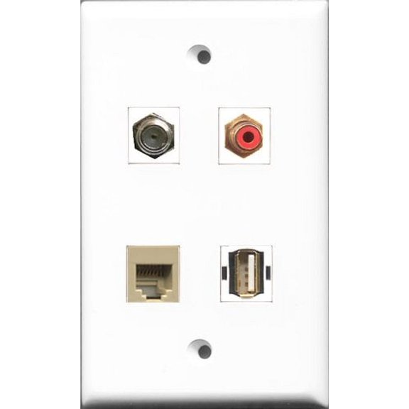 RiteAV 1 Port RCA Red and 1 Port Coax Cable TV- F-Type and 1 Port USB A-A and 1 Port Phone RJ11 RJ12 Beige Wall Plate
