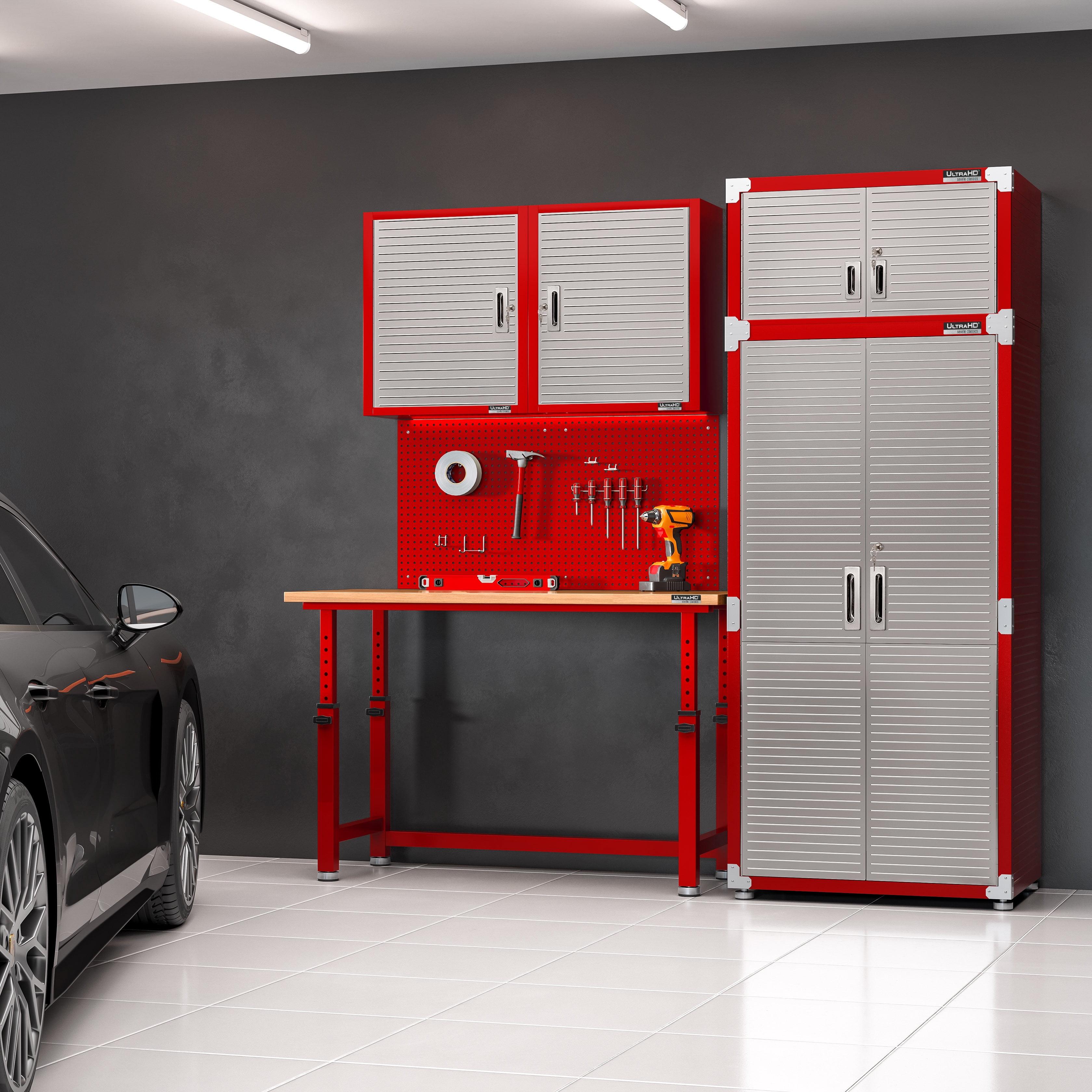 Seville Classics UltraHD® Steel Body Lockable Storage Cabinet Organizer Locker Shelving Unit, Red, 30" W x 18" D x 72" H