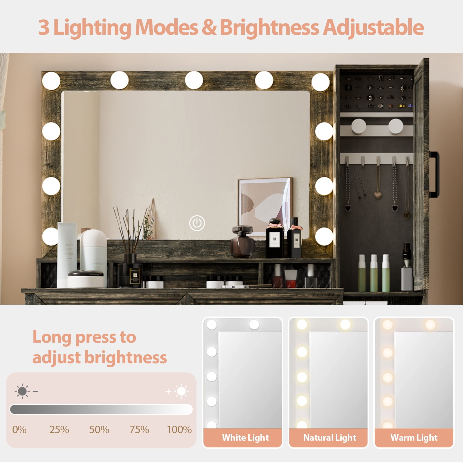 MAYEERTY 45.3" Vintage Brown Vanity Desk with LED Mirror, Sensor Light, USB Charging & Jewelry Cabinet for Bedroom