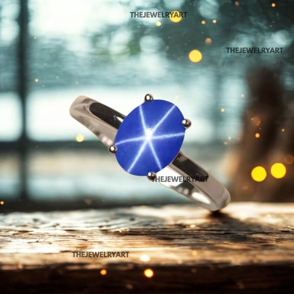thejewelryart 925 Sterling Silver Fine Blue Star Sapphire Gemstone Ring 6-Ray Star Gems Engagement Ring Women’s Jewelry for Gift Silver 3