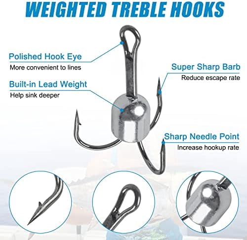 YNGLLC Snagging Hooks Weighted Treble Hooks,5pcs Large Weighted Treble Fishing Hooks Bunker Snag Hooks with Weight for Baitfish Trout Salmon 5/0 6/0 8/0 10/0