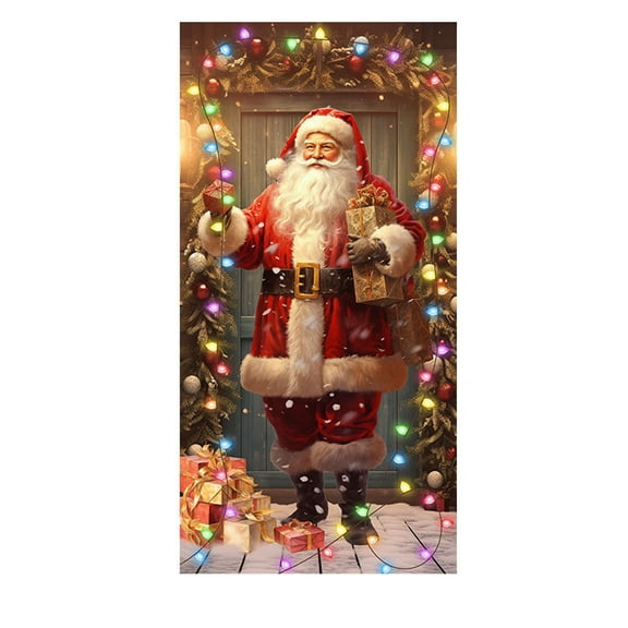 LanSuare Christmas Door Cover Decoration, Santa Claus with Light Srting Backdrop Xmas Door Hanging Covers, Christmas Photo Booth Party Decorations for New Year, 35x71Inch