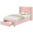 thumbnail image 3 of Homfa Twin Size LED Bed Frame with Storage, Wingback Platform Bed with Velvet Upholstered Headboard, Pink, 3 of 7