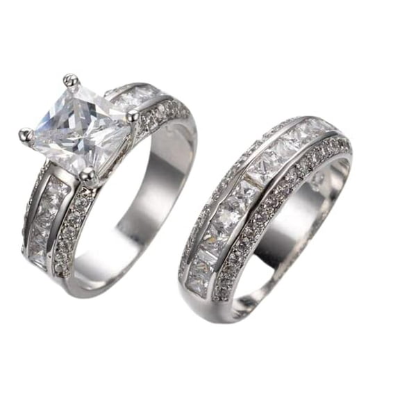 HeartsAndYou 4ct Princess Cut Moissanite Bridal Solitaire Ring Band Set 18k White Gold Over Silver