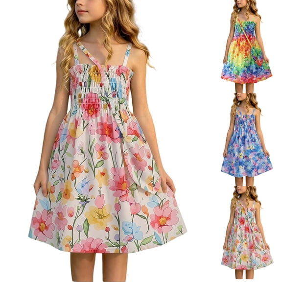 SROBPTY Teen Girls Dresses Print Sleeveless Crew Neck Floral Mid-Length Sundress for 1-11Y
