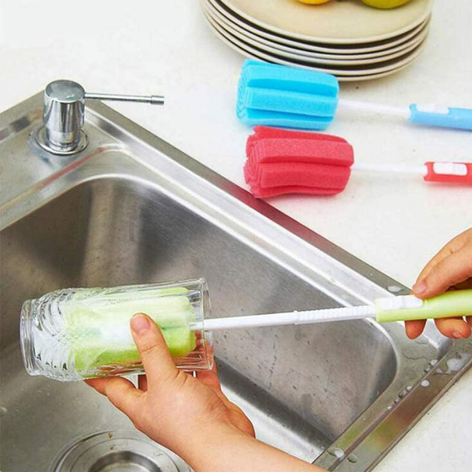 Sponge Cleaning Brush, Dishwashing Foam Sponge Brush with Adjustable Long Handle, Durable Bottle Scrubber Cleaning Brushes Soft for Bottle Glasses Mugs Cups Kitchen Cleaning, 6Pcs(Red,11.6x2")