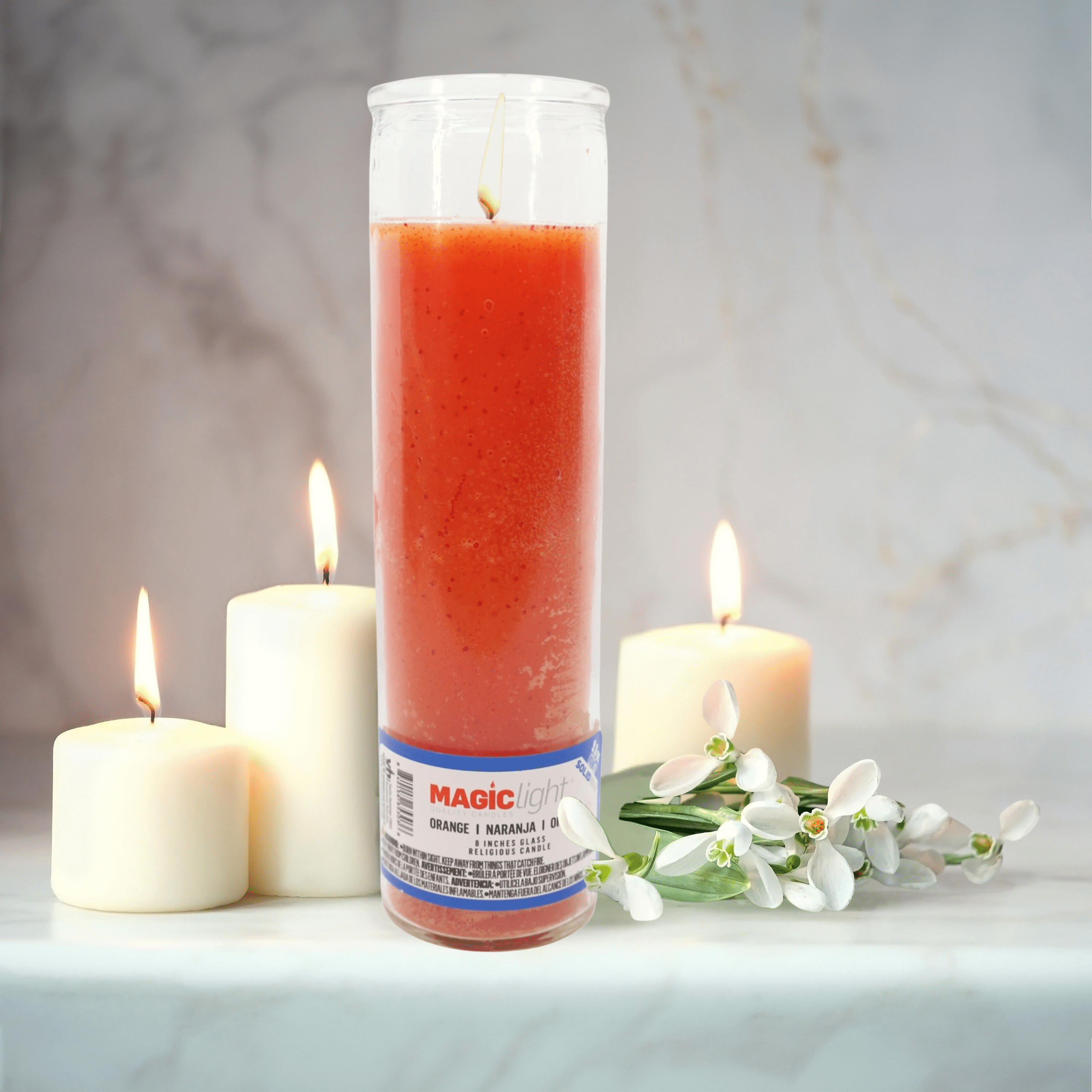 (4 pack) MagicLight Religious Candles 9.6 oz - Clear Glass Jar, Unscented Orange Wax