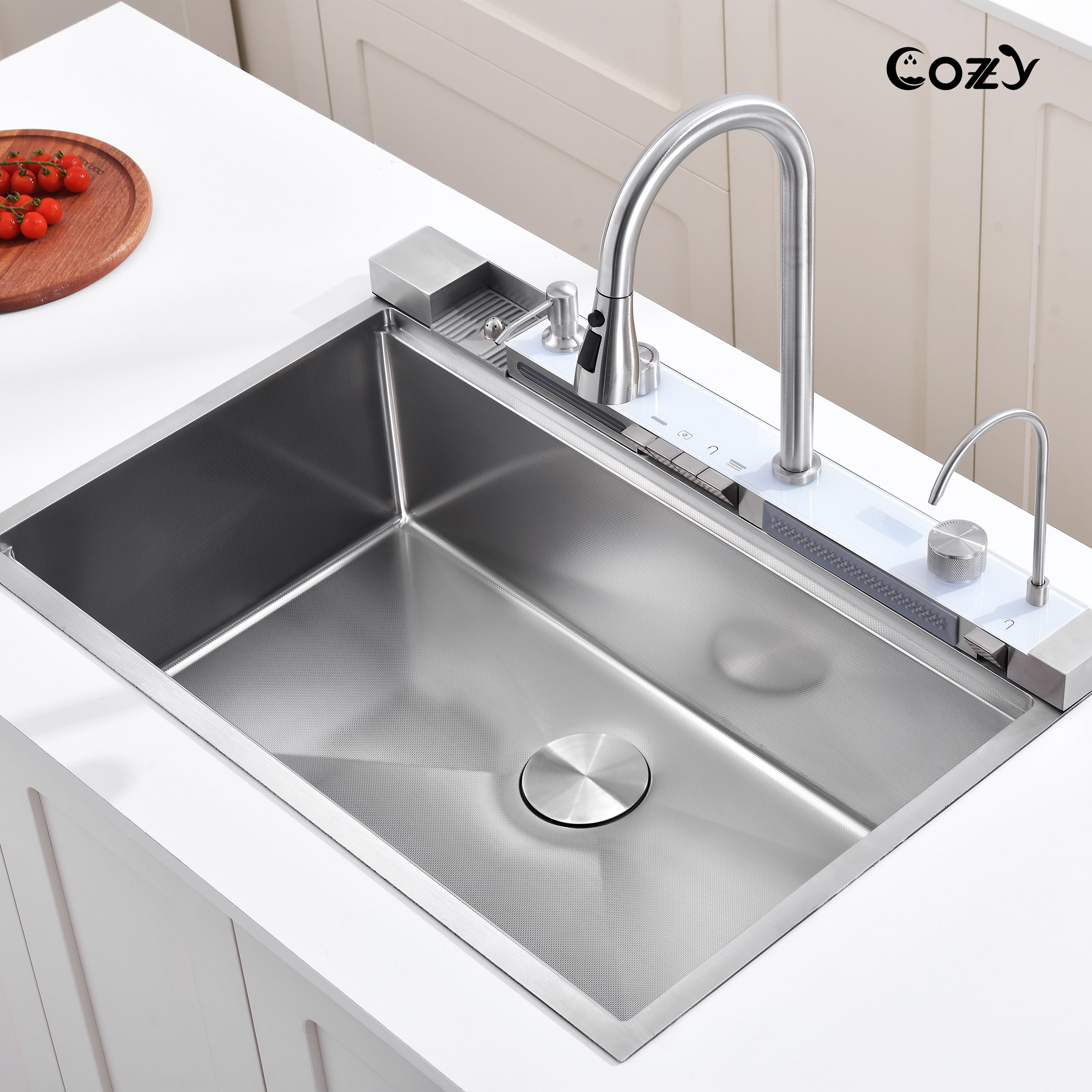 33″×22″ Stainless Steel Single Bowl Kitchen Sink, Brushed Waterfall Workstation with Flying-Rain Faucet, Sprayhead, Cup Washer, 1 pack, SS-BR06-332212