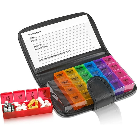 Weekly Travel Pill Organizer - Prescription and Medication Wallet Pill Box Reminder, a Extra Large Pill Container Dispenser Case, Caddy Organizer, for 4 Times A Day, 7 Days a Week, 7.5 x 4.5 Inches