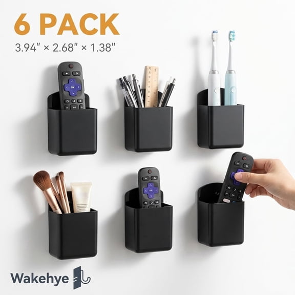 6 Pack Remote Control Holder Wall Mount, TV Remote Holder No Drill Self Adhesive or Screw Installation Plastic Wall Pen Organizer Storage Box for Home Office