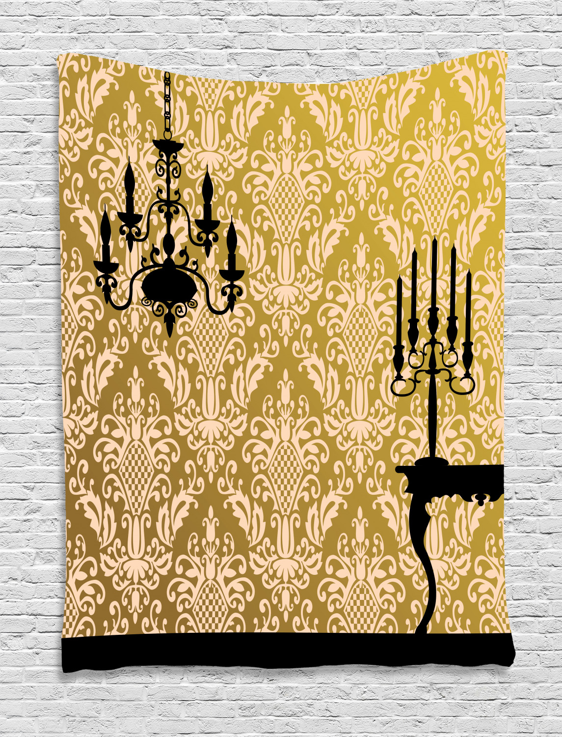 Damask Tapestry, English Country House Damask Motif on Wall and Chandelier Silhouettes