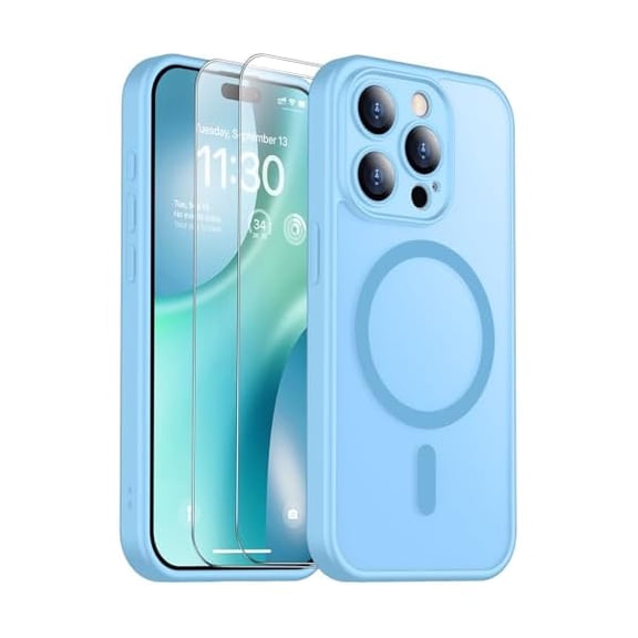 Eryueer for iPhone 15 Pro Max Case, Magnetic Translucent Matte Case with 2PCS Tempered Glass Screen Protector Slim Phone Case for iPhone 15 Pro Max 6.7'', Light Blue
