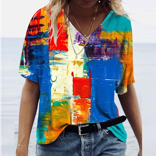 Puntoco 2024 tops de moda de verano para mujer, camisetas informales de talla grande con estampado de flores escénicas y cuello en V