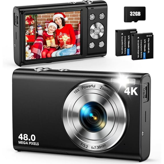 4K Digital Camera Autofocus 48MP Vlogging Camera 16X Digital Zoom Compact Cameras with 32GB Card