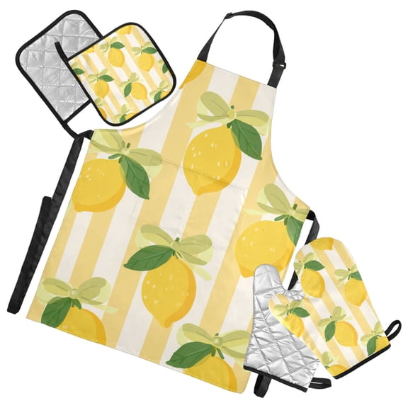 Yellow Stripes Bows Lemons Apron Set with Oven Mitts Pot Holders Set of 5 Kitchen Stuff Accessories
