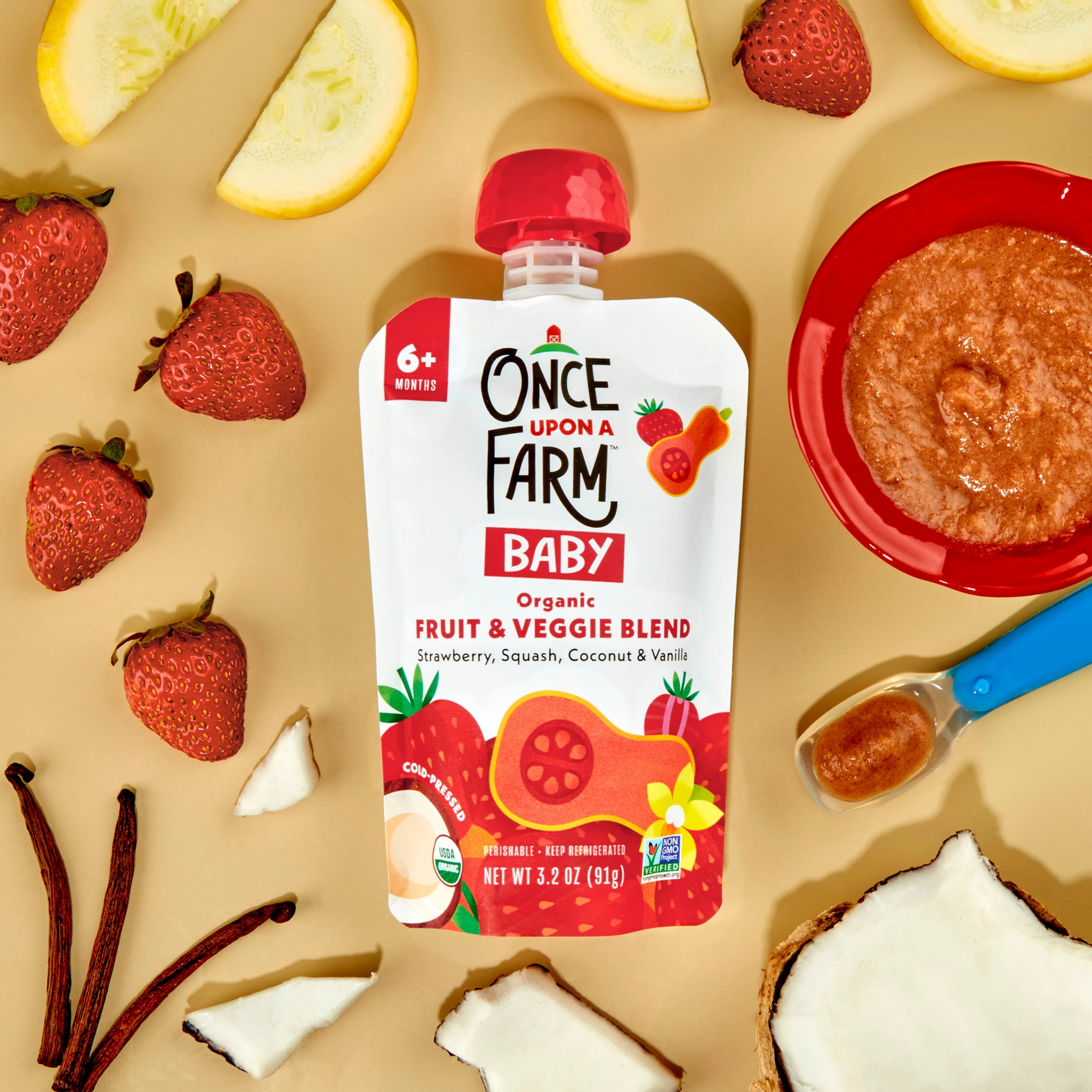 Once Upon a Farm Organic Refrigerated Baby Food Fruit & Veggie Blend Strawberry, Squash, Coconut & Vanilla, 3.2oz Pouch