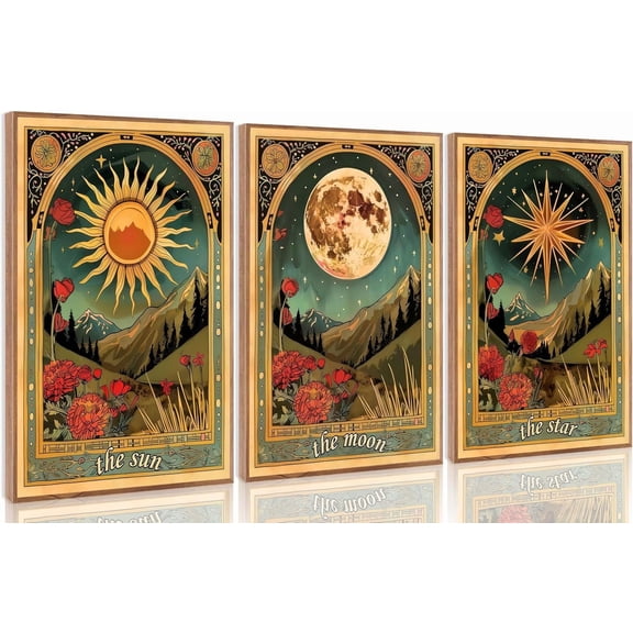 3 Pcs Tarot Canvas Wall Art Sun Moon and Star Mystical Astrology Celestial Paintings Pictures Wall Decor Poster Print Artwork for Bedroom Living Room Dorm Home Decoration