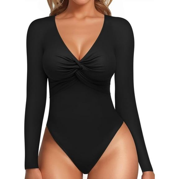 SMZ Bodysuits For Women Long Sleeve Knotted Deep V Neck Fitness Training Yoga Sports Onesie