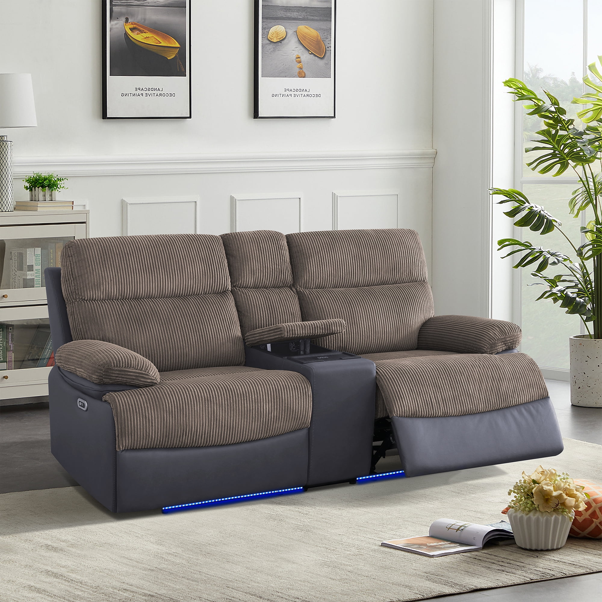 Gewnee Power Recliner with Wireless Charging, Adjustable Positions, USB & Type‑C Ports, Hidden Storage, Home Theater Furniture, Flocking‑Brown&Blackish Gray