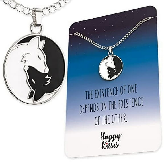 Happy Kisses Wolf Yin Yang Necklace – Friendship, Love, and Balance Pendant – Cute Silver Charm with Message Card (ON CARD ONLY)
