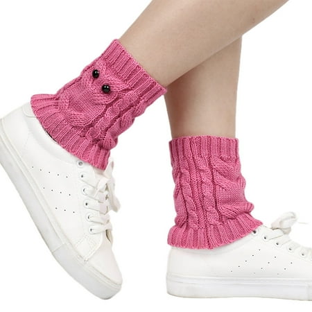 

Women Winter Twist Cable Knit Leg Warmers Cute Owl Eyes Buttons Crochet Boot Cuffs Topper Cover Solid Color Ankle Socks