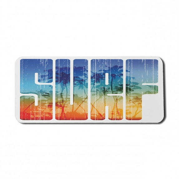 Surf Computer Mouse Pad, Summer Theme Retro Letters That Reflect the Seacoast Palm Tree Extreme Sports Art, Rectangle Non-Slip Rubber Mousepad X-Large, 35" x 15", Navy Orange, by Ambesonne