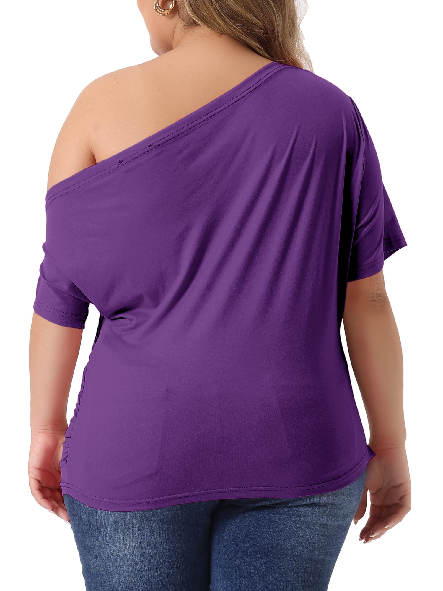 Women's Plus Tops One Shoulder Short Sleeve Ruched Basic Blouses Summer Tee Tops 4X Dark Purple