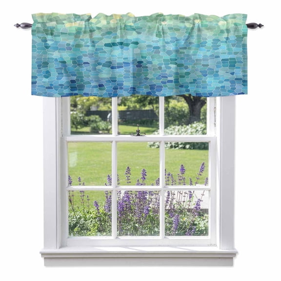 Turquoise Blue Teal Kitchen Curtain Valances for Windows Farmhouse Short Curtains, Chic Stained Glass Texture Aesthetic Rod Pocket Valance Curtain for Bedroom Cafe Living Room 54"x18"
