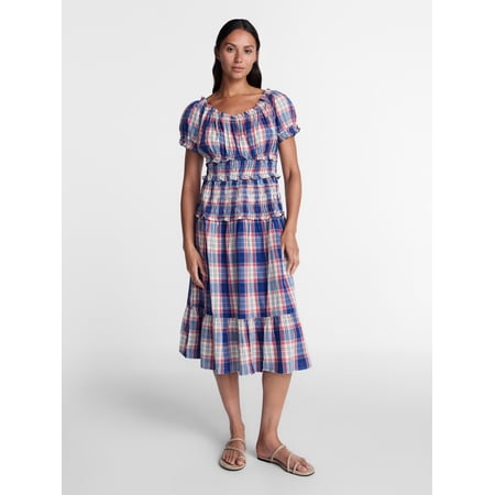 Time and Tru Women's Smocked Cotton Peasant Midi Dress, Sizes XS-XXXL
