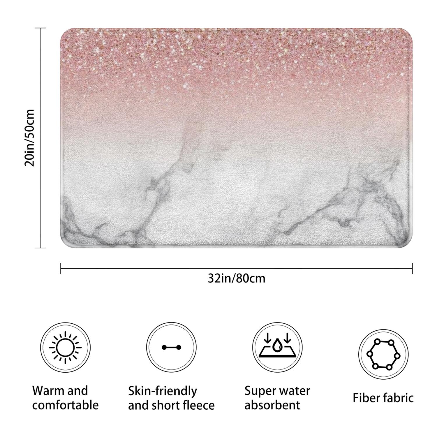 Pink Glitter White Marble Pattern Bathroom Rugs Mat,Non Slip Microfiber Bathroom Rug,Rubber Backing,Soft Bathroom Mats for Bathroom Floor,Tub and Shower,20x32in(50x80cm)