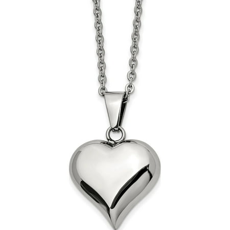 Fancy Puffed Heart - Stainless Steel Polished Puffed Heart 20in Necklace