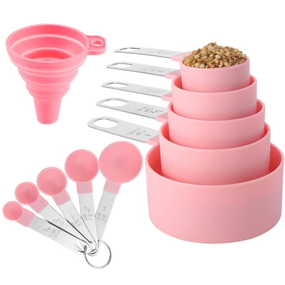 Measuring Cups and Spoons Set 10 Pieces, Stainless Steel Stackable Kitchen Gadgets for Baking Cooking with Dry Liquid Measurements, Pink