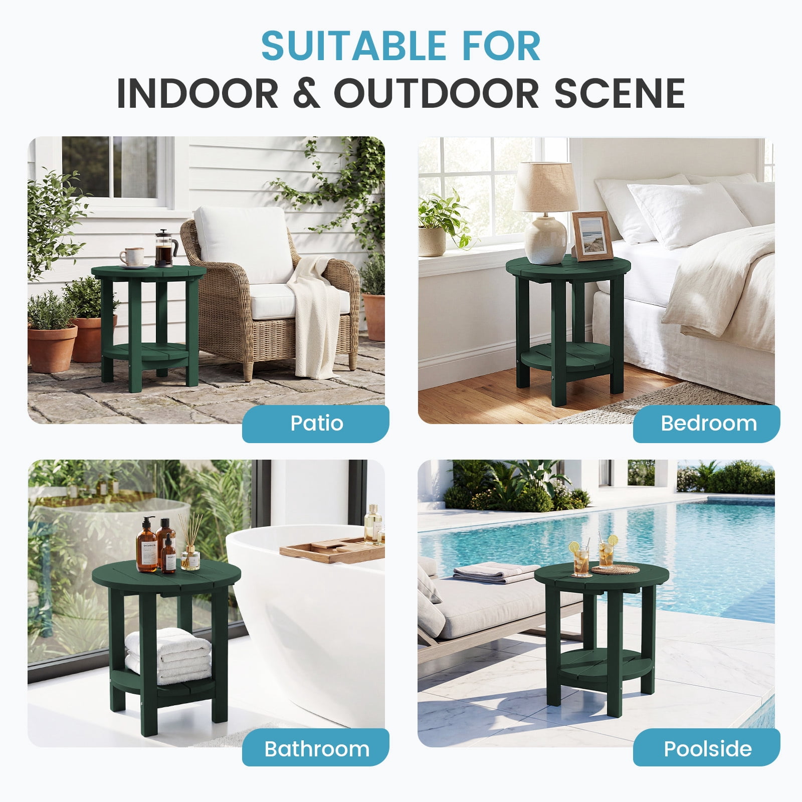 FUNDAZE 2-Tier Round HDPE Patio Side Table, End Tables For Living Room, Waterproof Indoor & Outdoor Small Table for Poolside, Garden, Dark Green