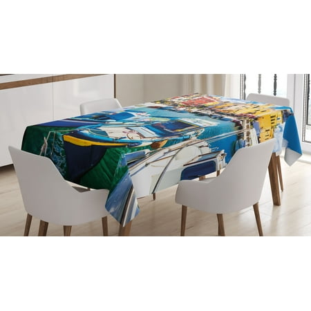 Italy Tablecloth, Colorful Procida Island with Fishing Boats Summertime Tourism Vacation Travel Theme, Rectangular Table Cover for Dining Room Kitchen, 52 X 70 Inches, Multicolor, by