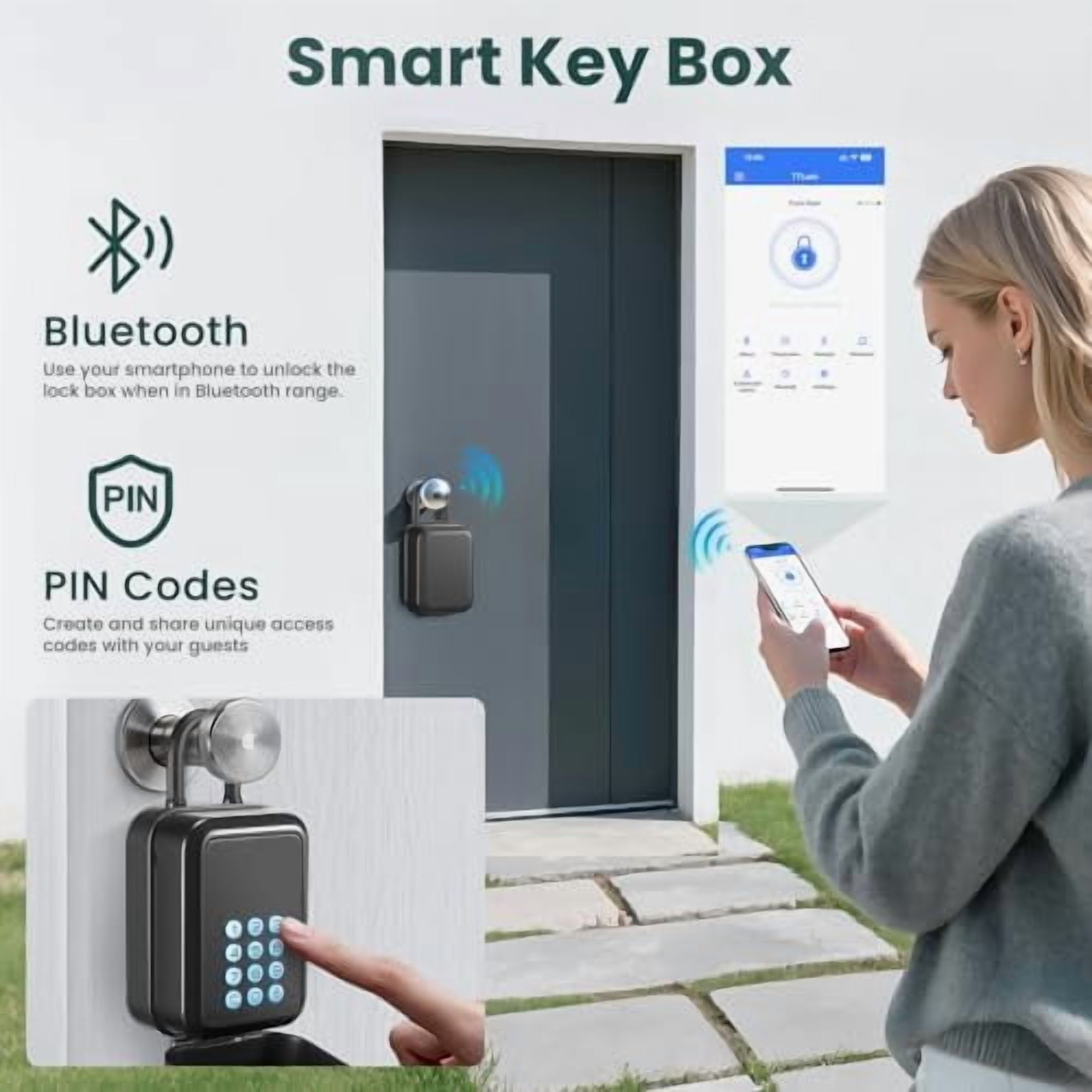 Smart Key Lock Box Electronic Bluetooth Lock Box with APP Control & PIN Code Types,Share eKey Wall Mounted Lock Box for Airbnb Realtor House Office with Removable Shackle